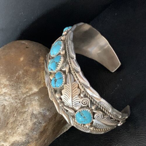 Native American Men's Blue Kingman Turquoise Cuff Bracelet | Sterling Silver | 14135