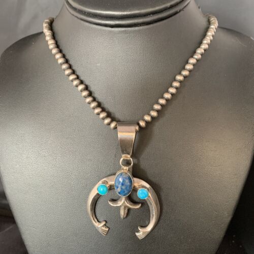 Navajo Sterling Silver Pendant Necklace | Denim Lapis & Turquoise | Authentic Native American Handmade | 13633
