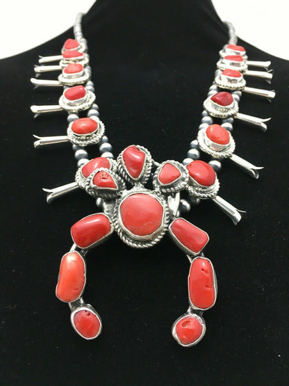 Navajo Coral Naja Pendant | Sterling Silver Squash Blossom Necklace & Earrings Set | 4176 - Masha USA