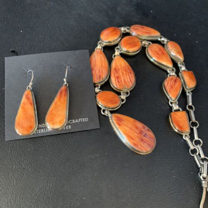 Navajo Lariat Necklace with Orange Spiny Oyster Earrings | Sterling Silver Pendant | 20" | Authentic Native American Handmade | 13882