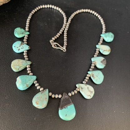Navajo Pearls Blue Turquoise Teardrop Necklace | Sterling Silver | 20" | Authentic Native American Handmade | 13429