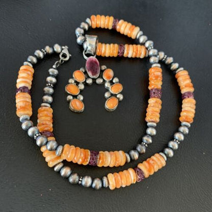 Navajo Sterling Silver Necklace | Orange Spiny Oyster Cluster Naja Pendant | 13165