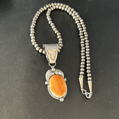 Navajo Orange Spiny Oyster Pendant Necklace | Sterling Silver | Authentic Native American Handmade | 14684