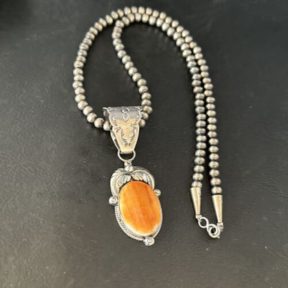 Navajo Orange Spiny Oyster Pendant Necklace | Sterling Silver | Authentic Native American Handmade | 14684