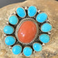 Navajo Blue Turquoise Coral Cluster Ring | Authentic Native American Sterling Silver | Multi-Stone | Sz 9.5 | 11507