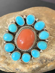 Navajo Blue Turquoise Coral Cluster Ring | Authentic Native American Sterling Silver | Multi-Stone | Sz 9.5 | 11507