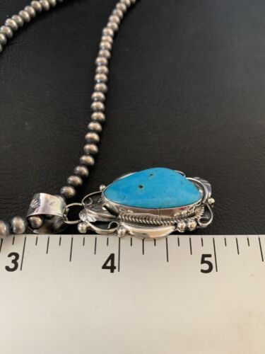 Men's Navajo Pearls Necklace with Blue Kingman Turquoise Pendant | Sterling Silver | Native American Handmade | 12590