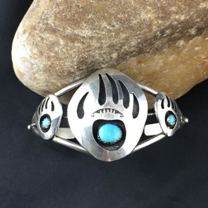 Navajo Turquoise Bear Paw Cuff Bracelet | Sterling Silver | Authentic Native American Handmade | 10242