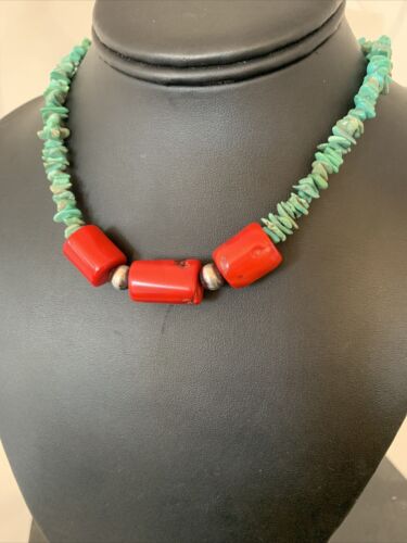 Native American Navajo Men's Necklace | Sterling Silver Turquoise Coral | 21" | 881