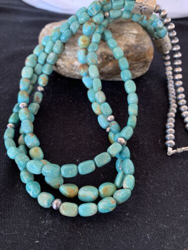 Navajo Royston Turquoise Necklace | 3 Strand | Sterling Silver | Authentic Native American Handmade | 494