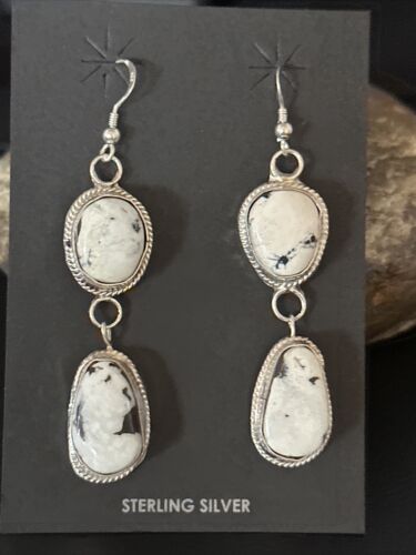 Navajo White Buffalo Turquoise Dangle Earrings | Sterling Silver | 2" | Authentic Native American Handmade | 14712