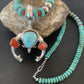 Navajo Pearl Necklace with Blue Turquoise & Coral | Sterling Silver Naja Pendant | 02062
