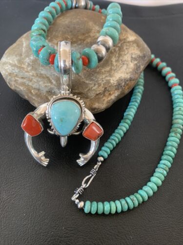 Navajo Pearl Necklace with Blue Turquoise & Coral | Sterling Silver Naja Pendant | 02062