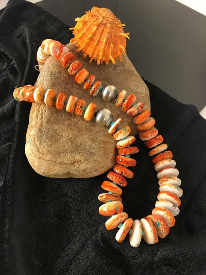 Navajo Orange Spiny Oyster Turquoise Necklace | Sterling Silver | Native American Handmade | 22" | 01822 - Masha USA