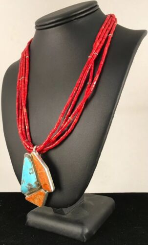 Navajo Spiny Oyster & Turquoise Pendant | Sterling Silver Coral Bead Necklace | Multi-Strand | 8477