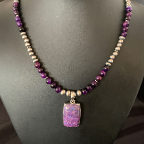 Navajo Pearl Purple Mojave Turquoise Onyx Pendant Necklace | Sterling Silver | Authentic Native American Handmade | 13404