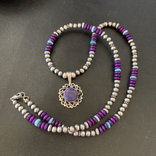 Women's Navajo Blue Turquoise Purple Sugilite Pendant Necklace | Sterling Silver | Native American Handmade | 12621