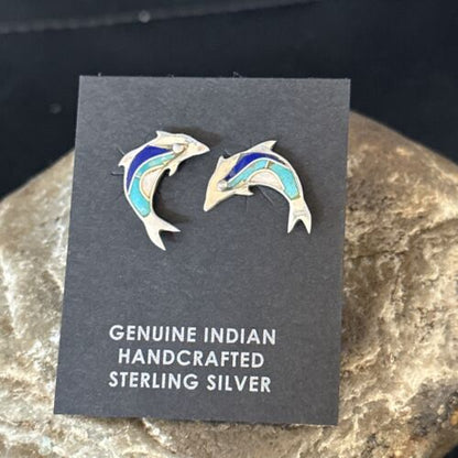 Navajo Multi-Color Dolphin Earrings | Turquoise Lapis Inlay | Sterling Silver | Authentic Native American Handmade | 14657