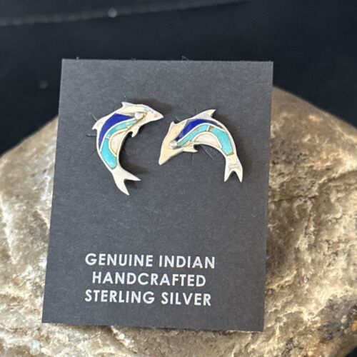 Navajo Multi-Color Dolphin Earrings | Turquoise Lapis Inlay | Sterling Silver | Authentic Native American Handmade | 14657