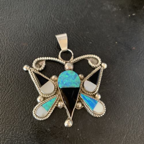 Zuni Butterfly Opal Mother of Pearl Onyx Inlay Pendant Necklace | Sterling Silver | 14207