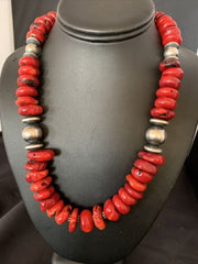 Navajo Red Coral Bead Necklace | Sterling Silver | 20" | Authentic Native American Handmade | 13375