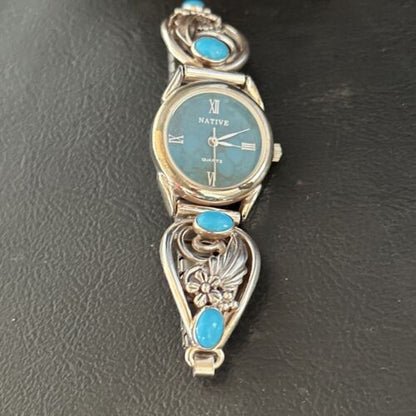 Authentic Navajo Turquoise Feather Wrist Watch Tips Band | Sterling Silver | Native American Jewelry | 14314