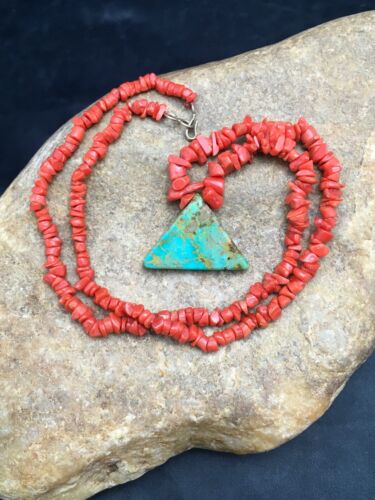 Navajo Kingman Turquoise and Coral Pendant Necklace | Brass | 19" | Authentic Native American Handmade | 4030 - Masha USA