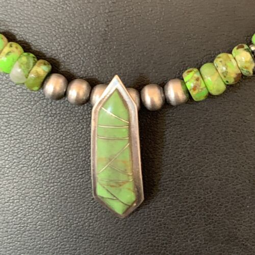 Navajo Green Gaspeite Turquoise Inlay Pendant | Sterling Silver | Authentic Native American Handmade | 13269