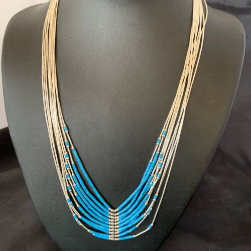 Liquid Silver Heishi 10-Strand Necklace | Sterling Silver Pendant with Turquoise | 12295