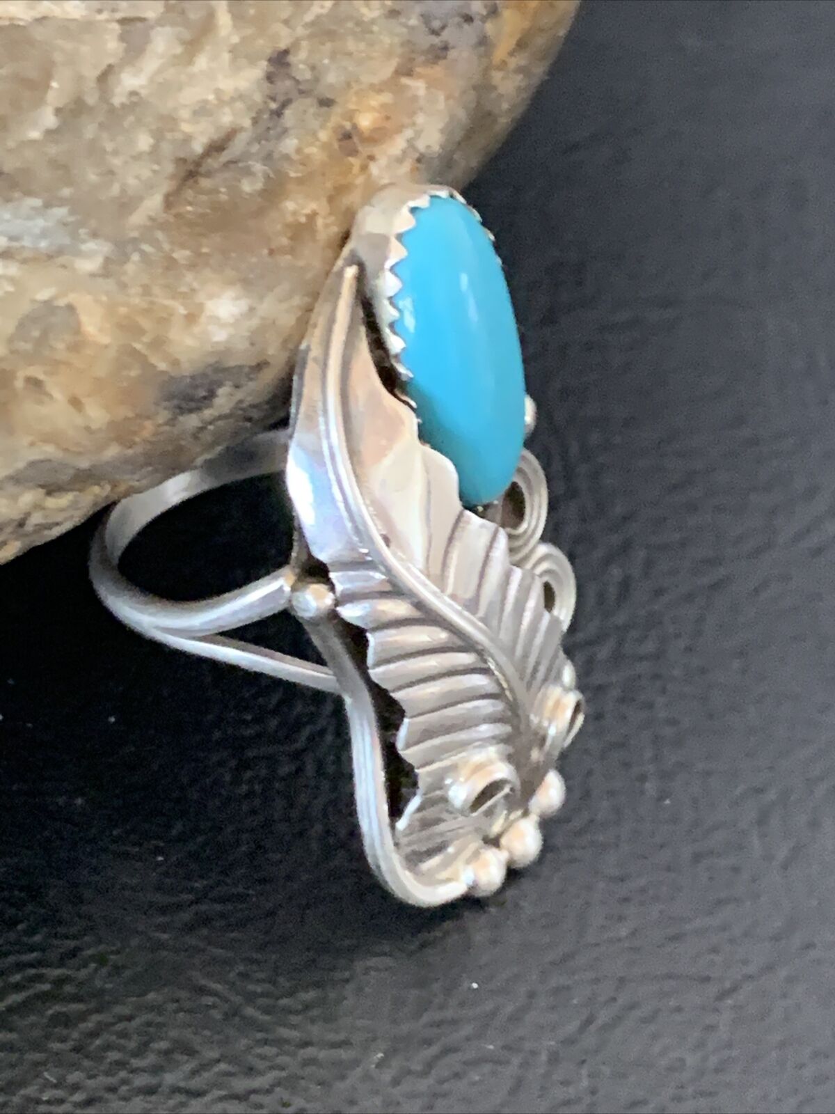 Navajo Blue Turquoise Feather Ring | Sterling Silver | Sz 5.5 | Authentic Native American Handmade | 11736