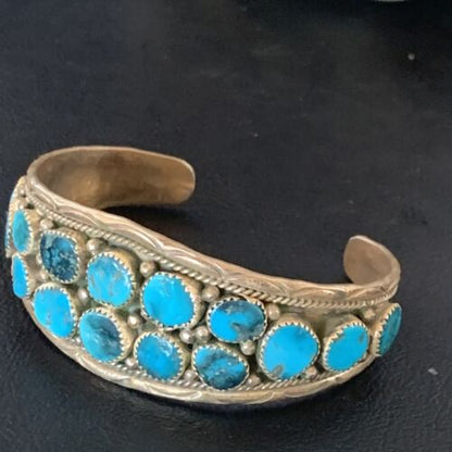 Navajo Blue Kingman Turquoise Cuff Bracelet | 2 Row | 16 Stone | Sterling Silver | Authentic Native American Handmade | 12691