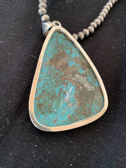 Navajo Pearls Sterling Silver Blue Spiderweb Turquoise Necklace Pendant | Men's Southwestern | 00918