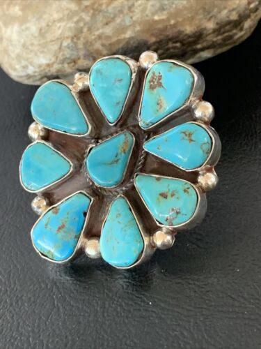 Navajo Turquoise Cluster Ring | Authentic Native American Sterling Silver | Multi-Stone | Sz 10 | 02193