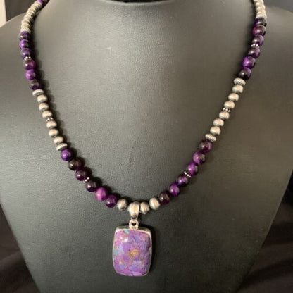 Navajo Pearl Purple Mojave Turquoise Onyx Pendant Necklace | Sterling Silver | Native American Handmade | 13402