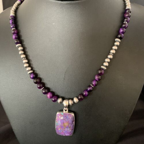 Navajo Pearl Purple Mojave Turquoise Onyx Pendant Necklace | Sterling Silver | Native American Handmade | 13402