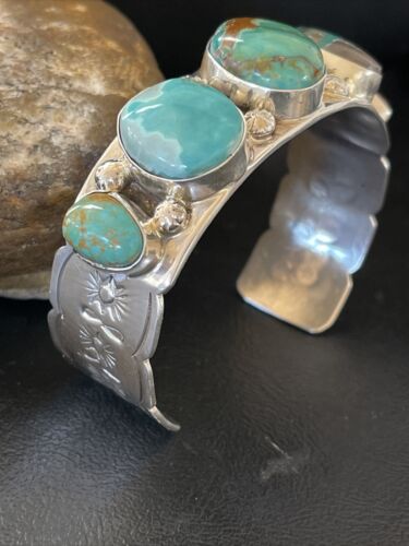 Men's Navajo Blue Turquoise Cuff Bracelet | Sterling Silver | 5 Stones | Authentic Native American Handmade | 01886 - Masha USA