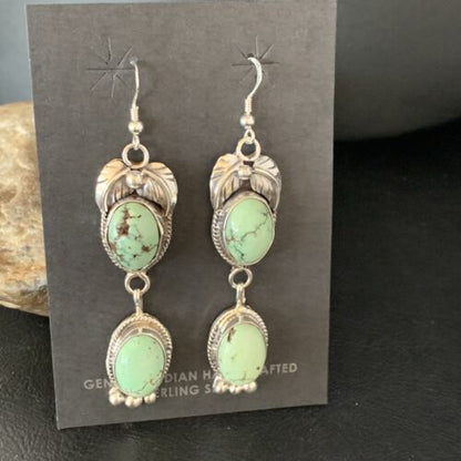 Navajo Green Spiderweb Turquoise Dangle Earrings | Sterling Silver | Authentic Native American Handmade | 13547