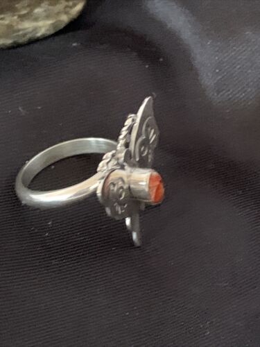 Navajo Red Spiny Oyster Butterfly Ring | Sterling Silver | Adj Sz 7 | Authentic Native American Handmade | 10678