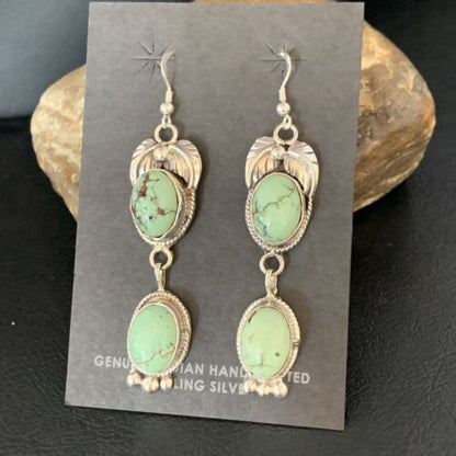 Navajo Green Spiderweb Turquoise Dangle Earrings | Sterling Silver | Authentic Native American Handmade | 13547