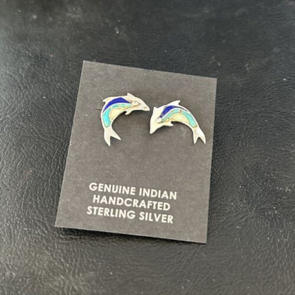 Navajo Multi-Color Dolphin Earrings | Turquoise Lapis Inlay | Sterling Silver | Authentic Native American Handmade | 14657