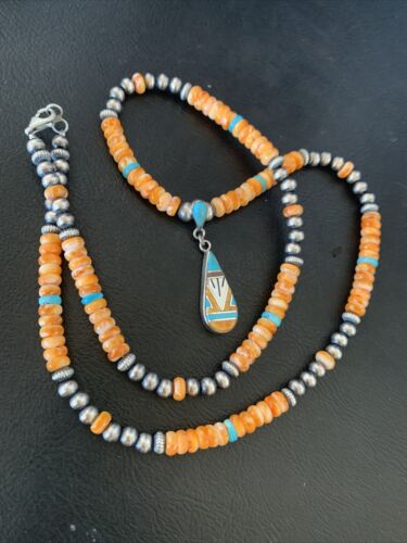 Navajo Pearls, Orange Spiny Oyster & Turquoise Sterling Silver Necklace with Pendant | Authentic Native American | 12704