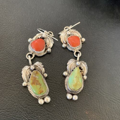 Navajo Green Royston Turquoise & Red Coral Dangle Earrings | Sterling Silver | Native American Handmade | 12354