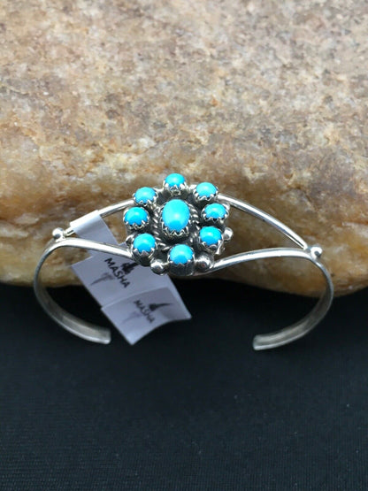 Navajo Blue Turquoise Cluster Bracelet | Sterling Silver | Authentic Native American Handmade | 4" | 4462