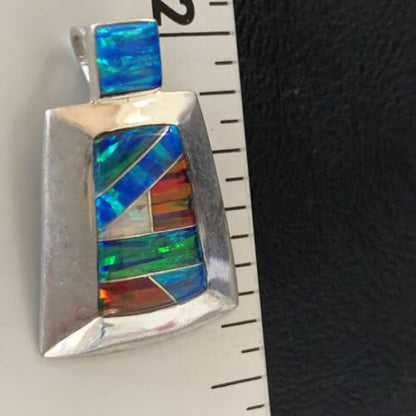 Navajo Blue Red Opal Inlay Pendant | Sterling Silver | Authentic Native American Handmade | 13340