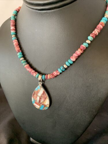 Navajo Pearl Necklace with Blue Turquoise & Purple Spiny Pendant | Sterling Silver | 11744