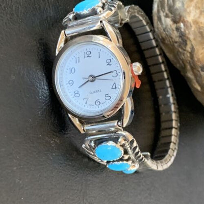 Navajo Sterling Silver Watch Tips | Blue Kingman Turquoise Band | Authentic Native American Jewelry | 11640
