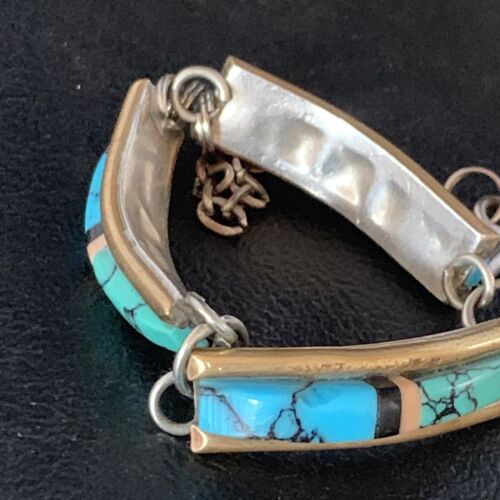 Navajo Blue Turquoise Lapis Inlay Link Bracelet | Sterling Silver | 7" | Authentic Native American Handmade | 13695