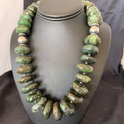 Navajo Chunky Graduated Natural Green Turquoise Necklace | Sterling Silver | Authentic Native American | 21" | 11359