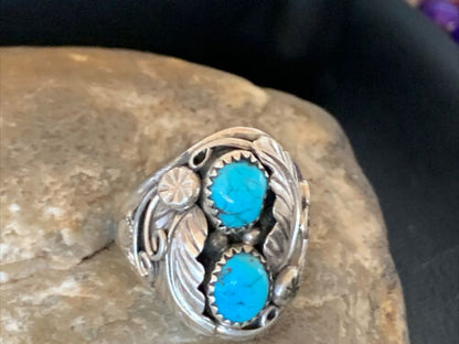 Navajo Blue Kingman Turquoise Feather Ring | Authentic Native American Sterling Silver | Multi-Stone | Sz 11.5 | 12223