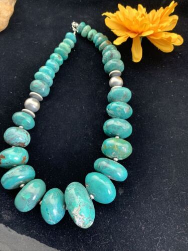 Men's Navajo Pearl Sterling Silver Necklace | Graduated Blue Chunky Turquoise | Authentic Native American | 24" | 01744
